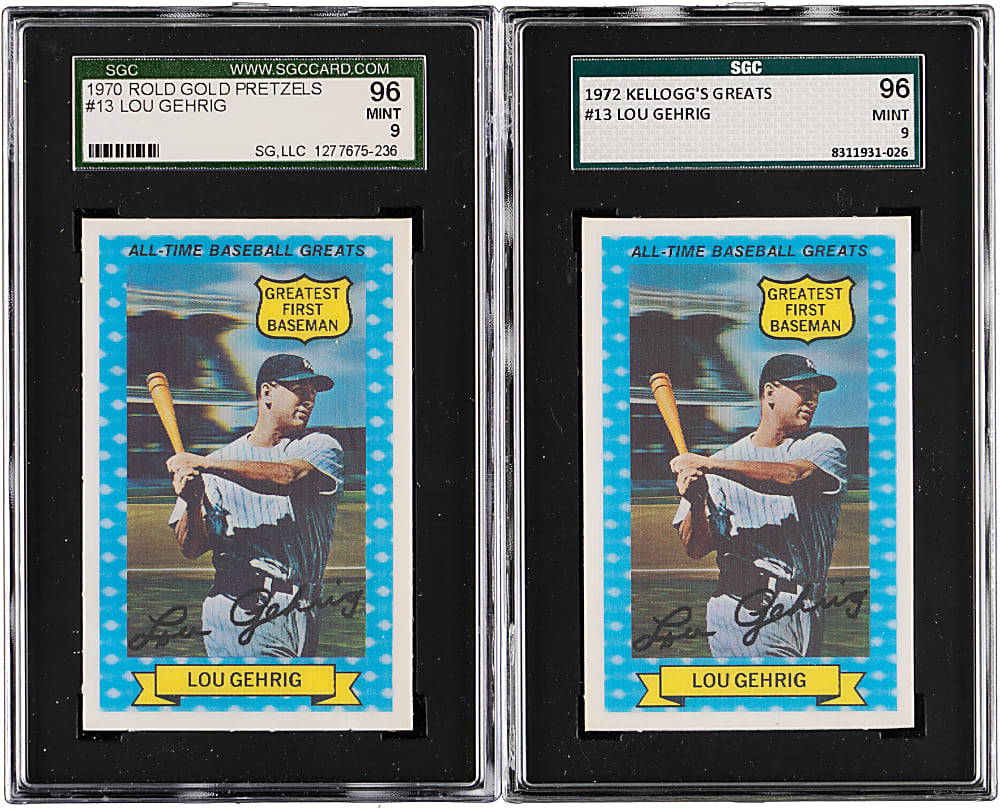 1970 Rold Gold Pretzels & 1972 Kellogg's All-Time Baseball Greats #13 Lou Gehrig SGC MINT 9 Pair