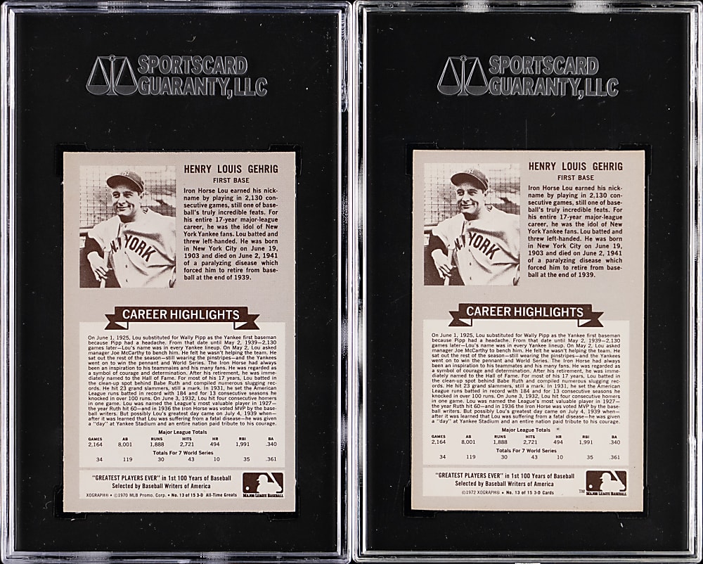 1970 Rold Gold Pretzels & 1972 Kellogg's All-Time Baseball Greats #13 Lou Gehrig SGC MINT 9 Pair