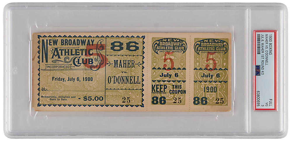 July 6, 1900 Peter Maher Versus Steve O'Donnell Scarce Boxing Full Ticket - PSA VG 3 "1 of 2" Highest Graded