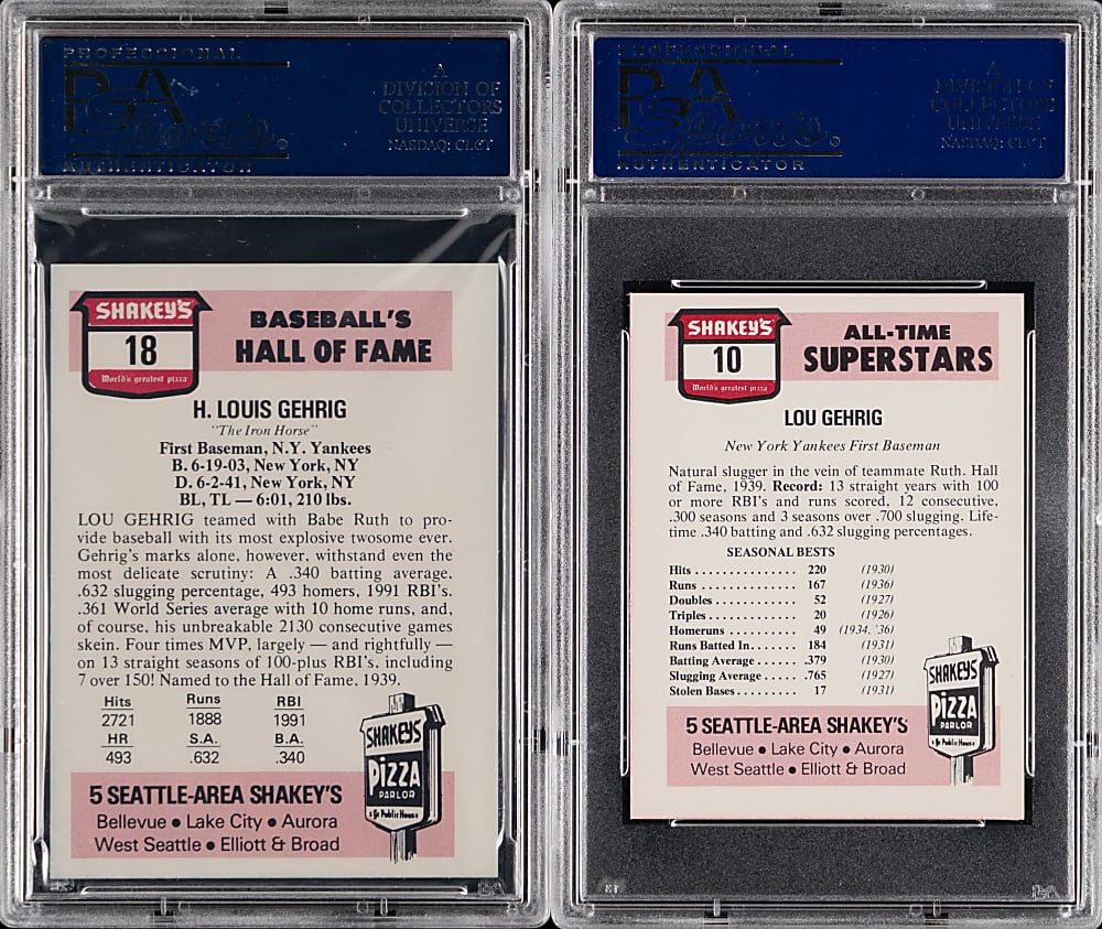 1976 & 1977 Shakey's Pizza Lou Gehrig PSA MINT 9 Pair - Both Low Population with a Combined Only 2 Higher