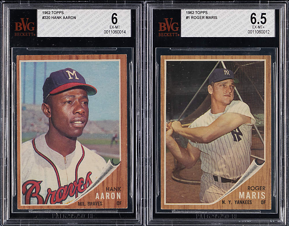 1962 Topps #1 Roger Maris #320 Hank Aaron BVG EX-MT 6 to EX-MT+ 6.5 Graded Pair