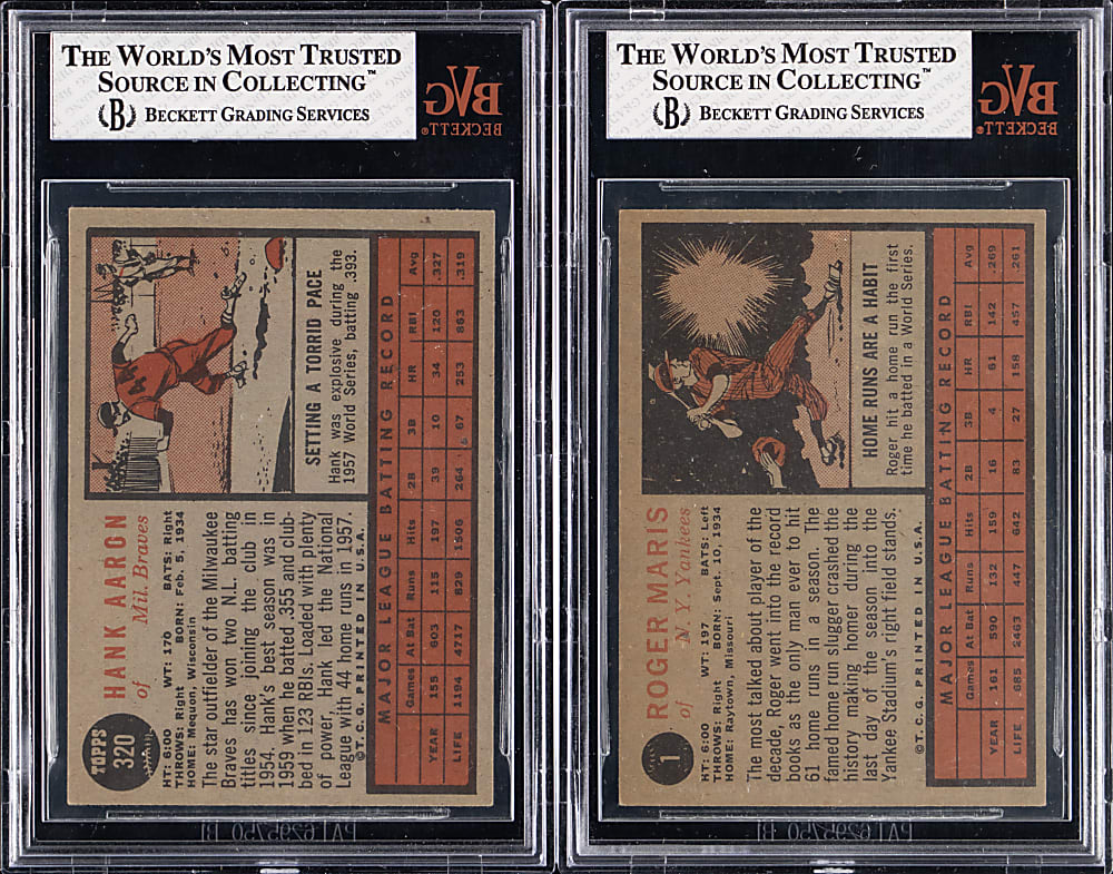 1962 Topps #1 Roger Maris #320 Hank Aaron BVG EX-MT 6 to EX-MT+ 6.5 Graded Pair