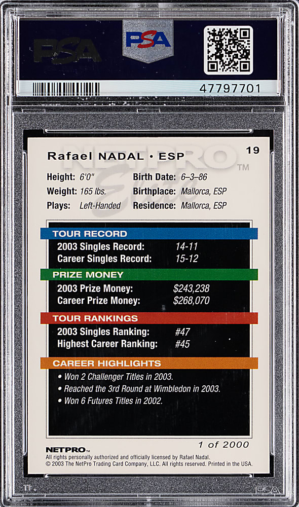 2003 Netpro Elite 2000 Tennis #19 Rafael Nadal (#/2000) Rookie PSA GEM MINT 10