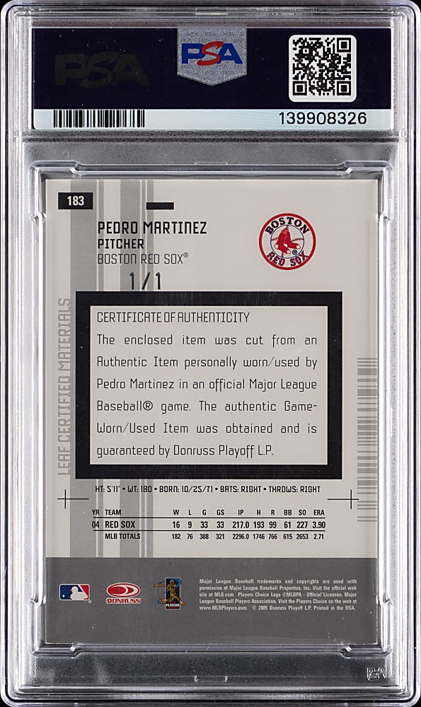 2005 Leaf Certified #183 Pedro Martinez MLB Logoman Patch Mirror Black #1/1 PSA Authentic