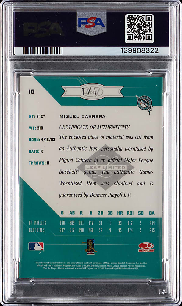 2005 Leaf Limited #10 Miguel Cabrera Threads MLB Logoman Patch #1/1 PSA Authentic