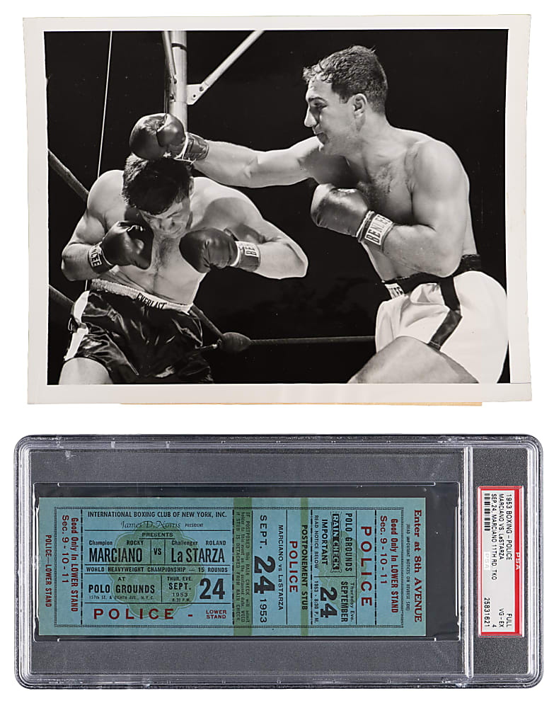 September 24, 1953 Rocky Marciano Versus Roland LaStarza Type I News Service Photograph & Full Ticket - Both PSA Certified