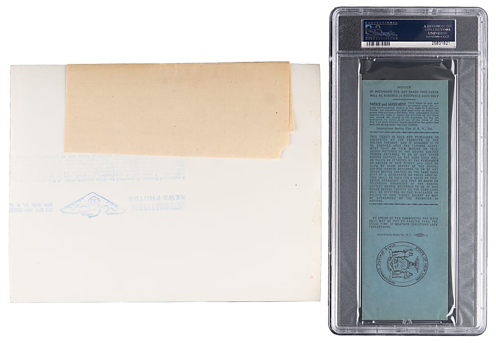 September 24, 1953 Rocky Marciano Versus Roland LaStarza Type I News Service Photograph & Full Ticket - Both PSA Certified