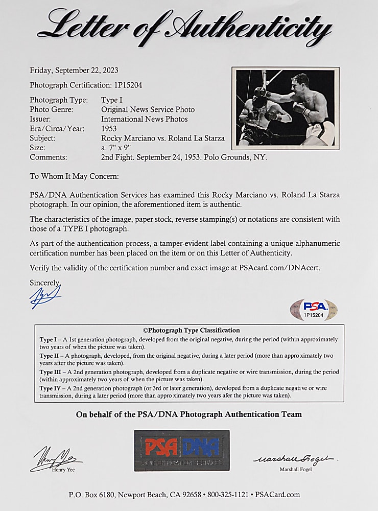 September 24, 1953 Rocky Marciano Versus Roland LaStarza Type I News Service Photograph & Full Ticket - Both PSA Certified