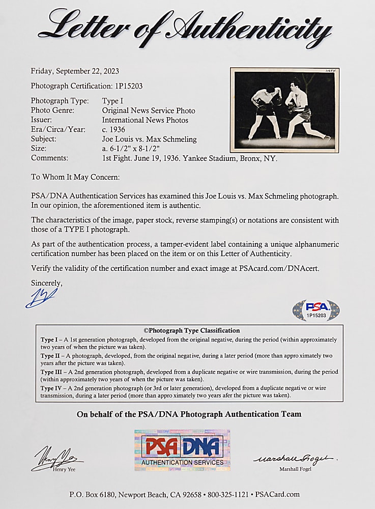 June 19, 1936 Joe Louis Versus Max Schmeling I Original Type I News Service Photograph - Full PSA