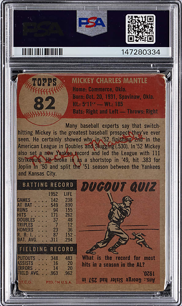 1953 Topps #82 Mickey Mantle PSA Authentic