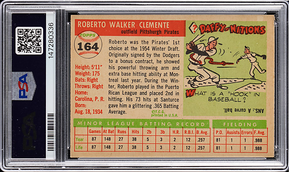 1955 Topps #164 Roberto Clemente Rookie PSA EX 5