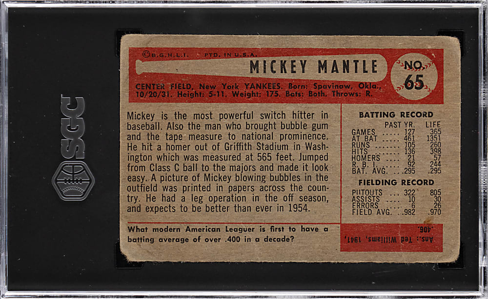 1954 Bowman #65 Mickey Mantle SGC POOR 1