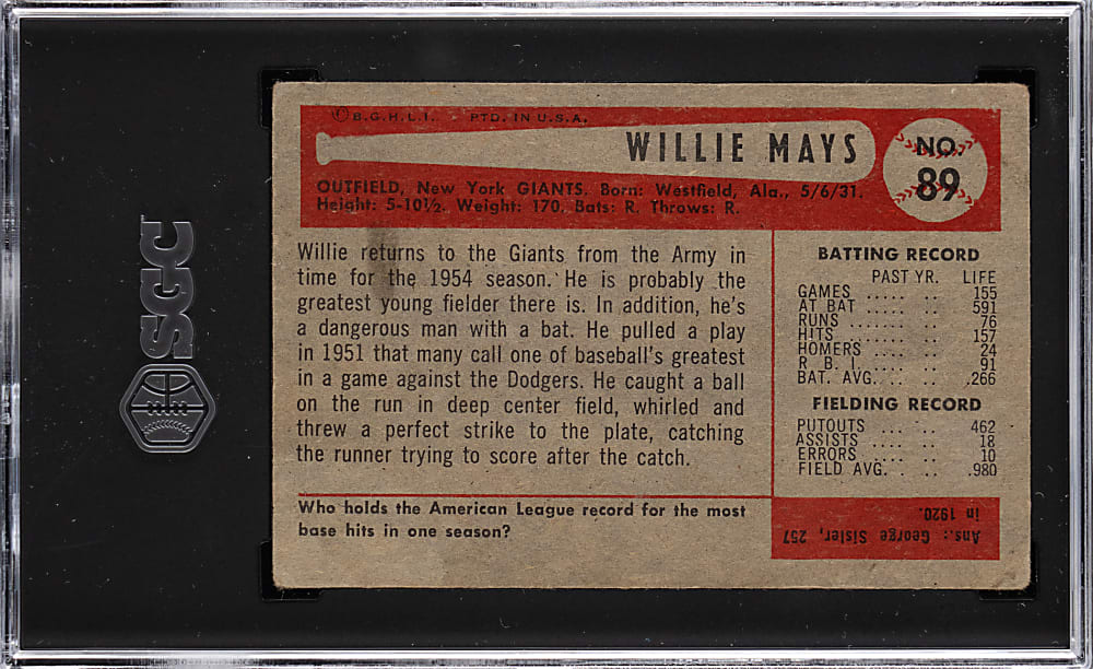1954 Bowman #89 Willie Mays SGC VG 3