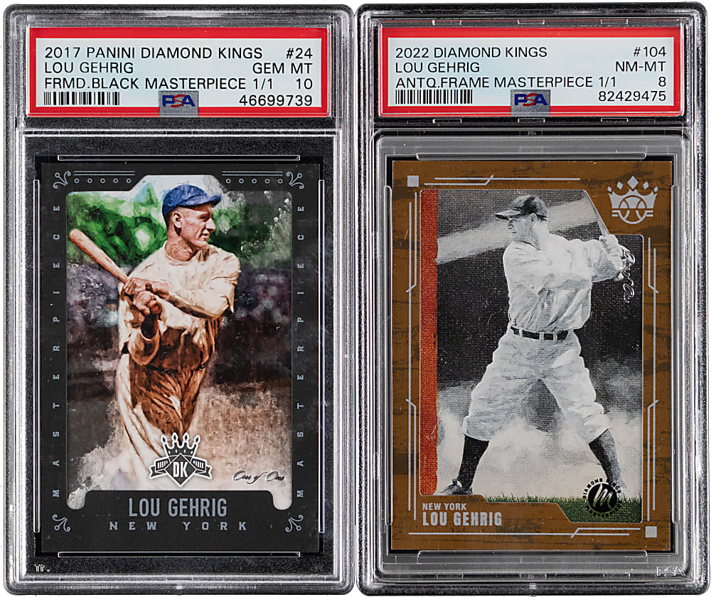 2017 & 2022 Panini Diamond Kings Masterpiece Lou Gehrig #1/1 Pair with Framed Black PSA GEM MINT 10 & Antique Frame PSA NM-MT 8