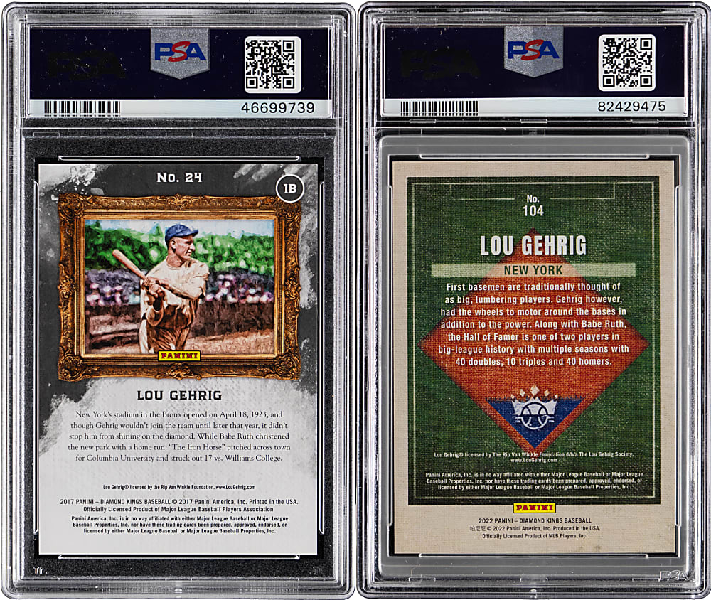2017 & 2022 Panini Diamond Kings Masterpiece Lou Gehrig #1/1 Pair with Framed Black PSA GEM MINT 10 & Antique Frame PSA NM-MT 8