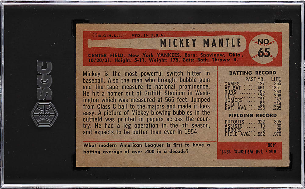 1954 Bowman #65 Mickey Mantle SGC VG 3
