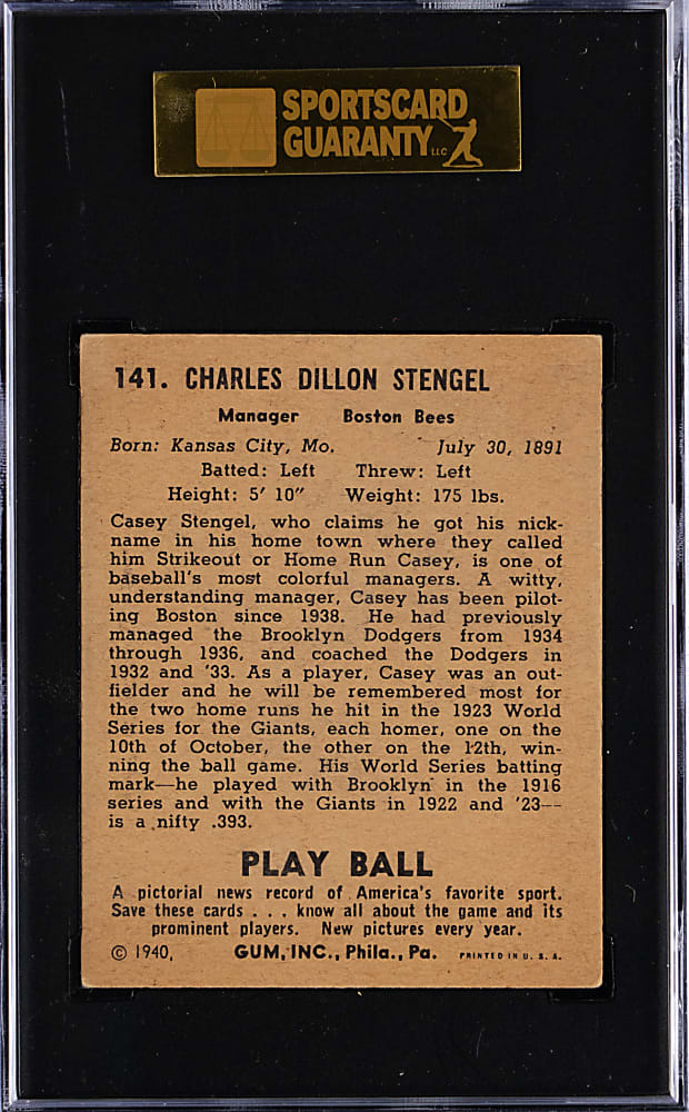 1940 Play Ball #141 Casey Stengel SGC VG/EX 4