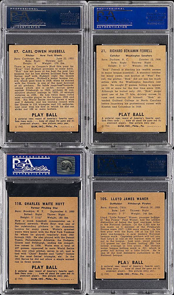 1940 Play Ball Hall of Fame PSA Graded Group (4) with Ferrell, Hoyt, Hubbell & L. Waner