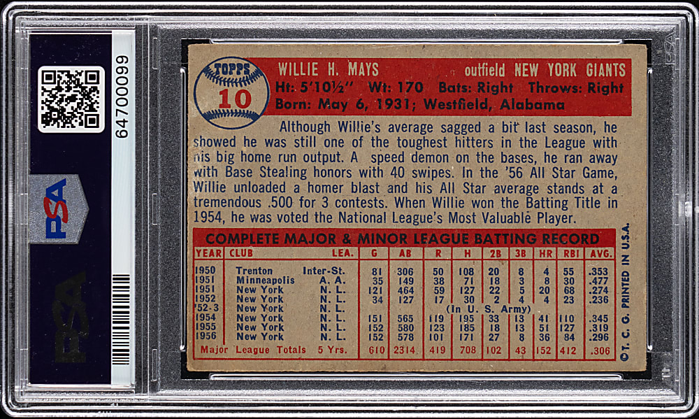 1957 Topps #10 Willie Mays PSA VG-EX 4