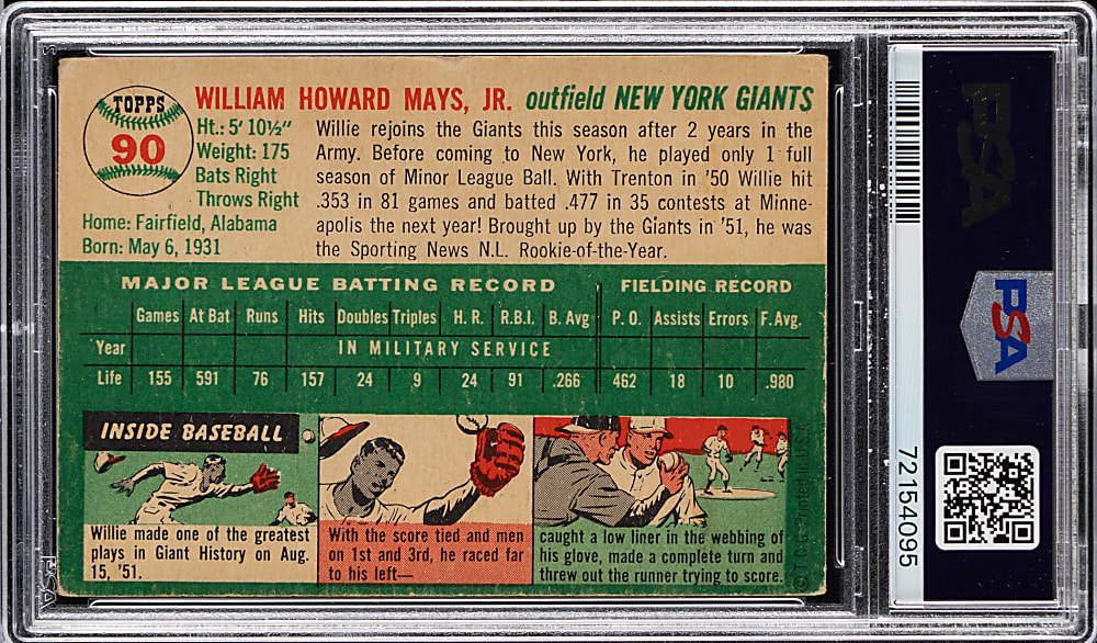 1954 Topps #90 Willie Mays PSA VG 3