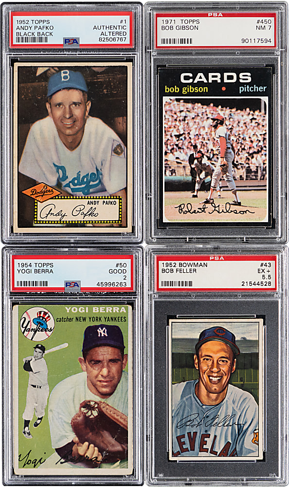 1952-1971 Topps & Bowman Key Card PSA Graded Quartet with (3) Hall of Famers Plus 1952 Topps #1 Andy Pafko