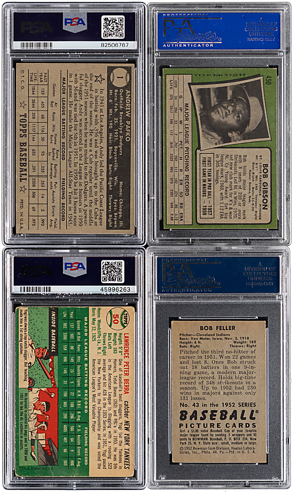 1952-1971 Topps & Bowman Key Card PSA Graded Quartet with (3) Hall of Famers Plus 1952 Topps #1 Andy Pafko