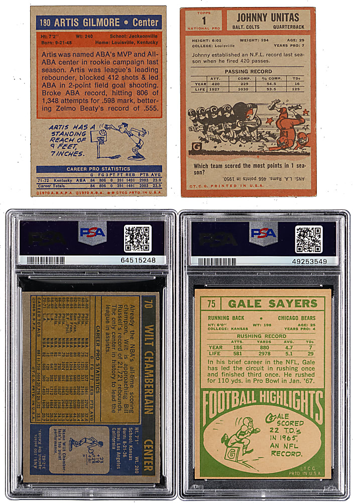 1962-1972 Football & Basketball Hall of Famers (4) with PSA Graded Wilt Chamberlain & Johnny Unitas