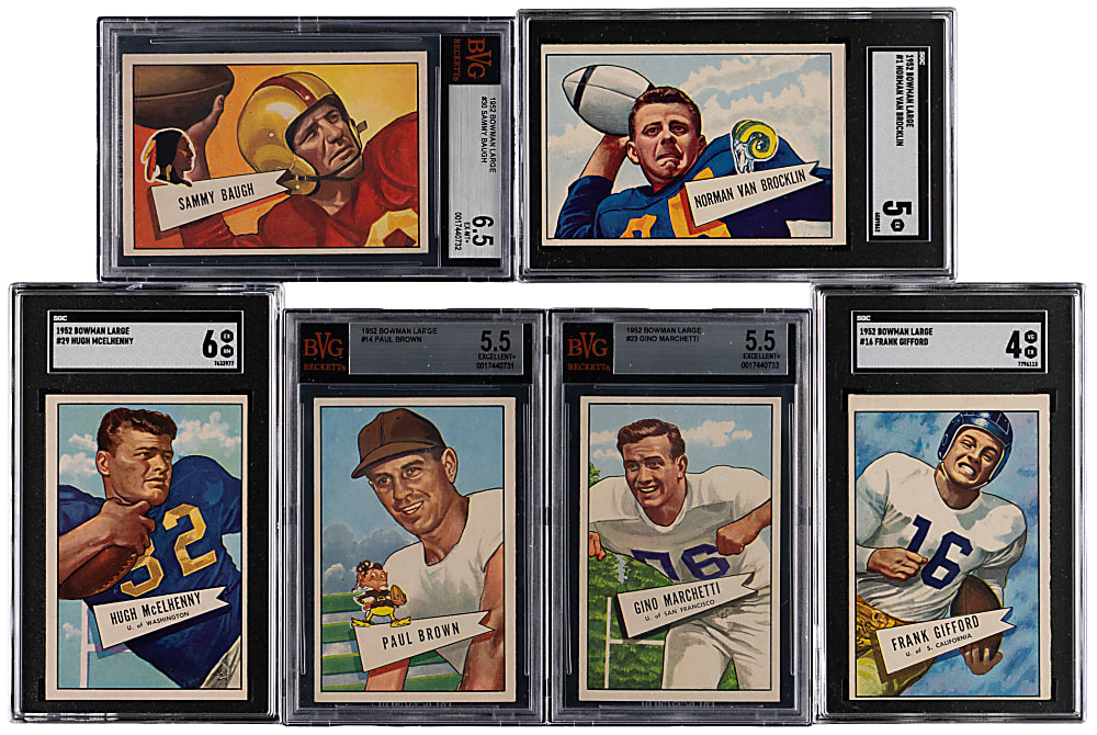 1952 Bowman Large Football Hall of Fame Group (6) with Baugh, Gifford & Van Brocklin