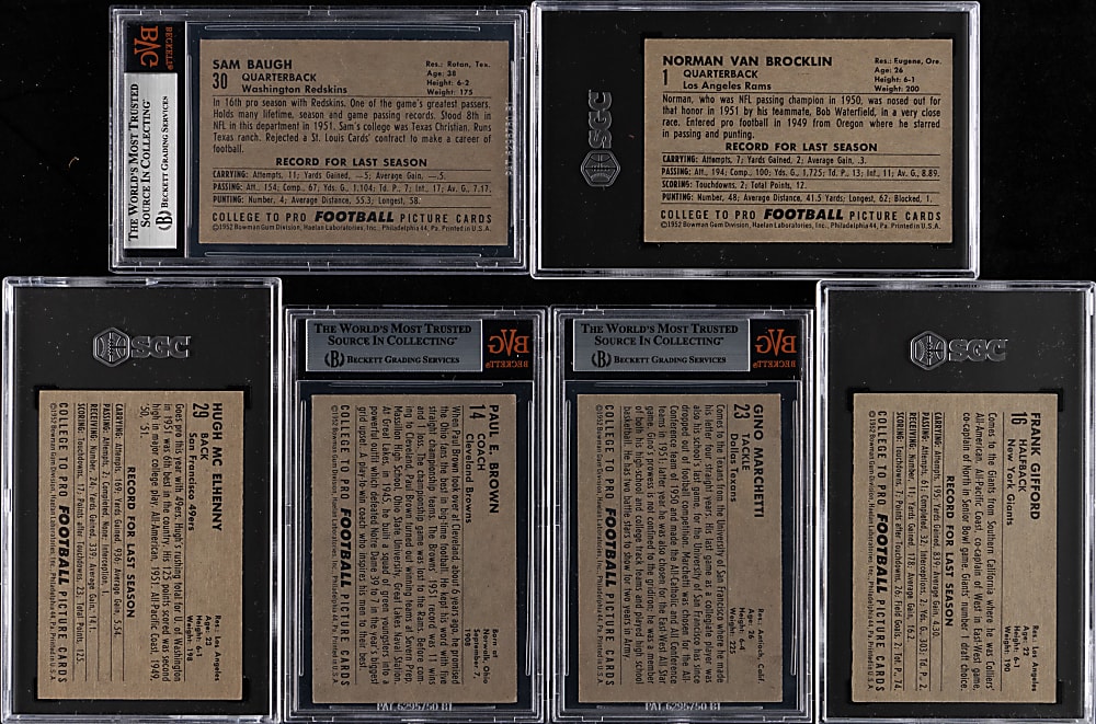 1952 Bowman Large Football Hall of Fame Group (6) with Baugh, Gifford & Van Brocklin