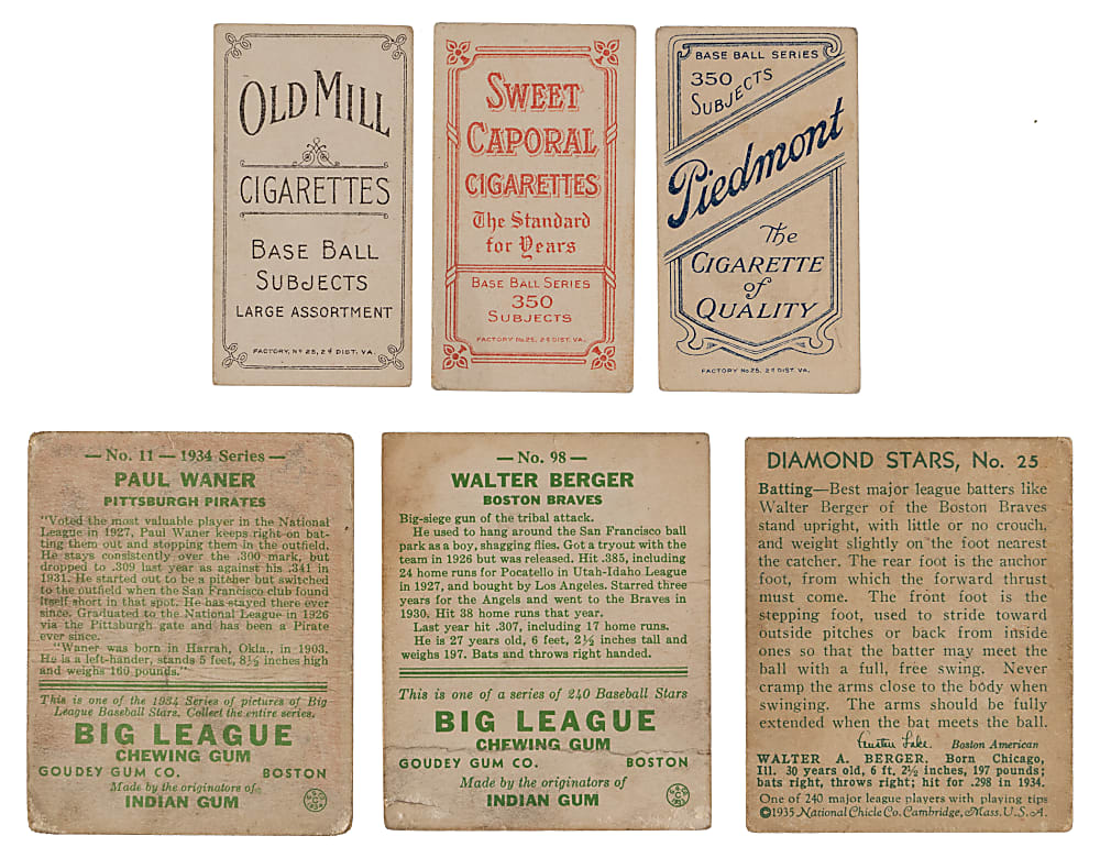 1909-1935 T206 White Border, Goudey & Diamond Star Collection (6) with Old Mill & Paul Waner