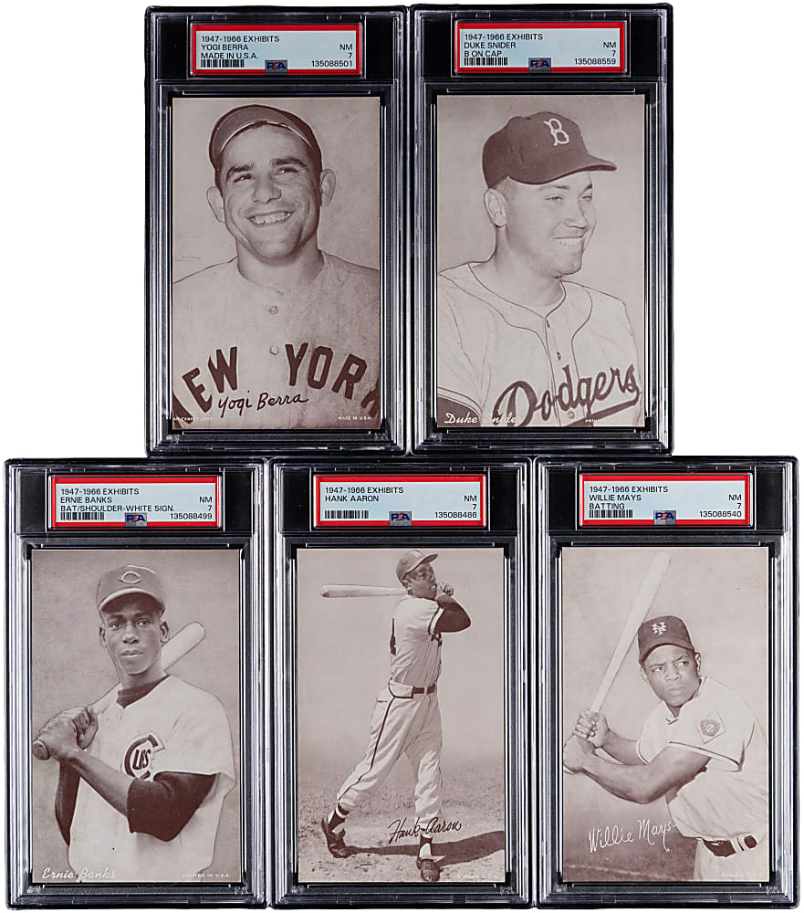1947-1966 Exhibits Hall of Famer PSA NM 7 Graded Collection (8) with Hank Aaron & Willie Mays