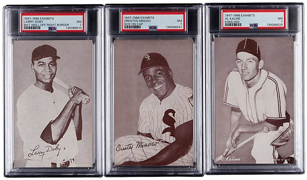 1947-1966 Exhibits Hall of Famer PSA NM 7 Graded Collection (8) with Hank Aaron & Willie Mays