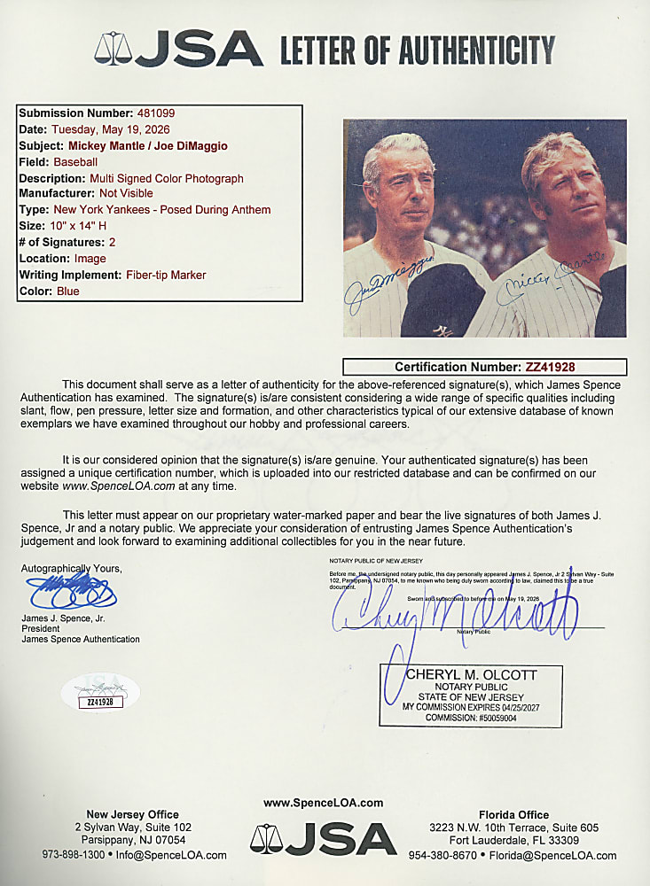 Mickey Mantle & Joe DiMaggio Dual-Signed 10x14 Photo on Plaque with Full JSA LOA