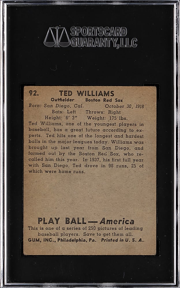 1939 Play Ball #92 Ted Williams Rookie SGC GOOD 2
