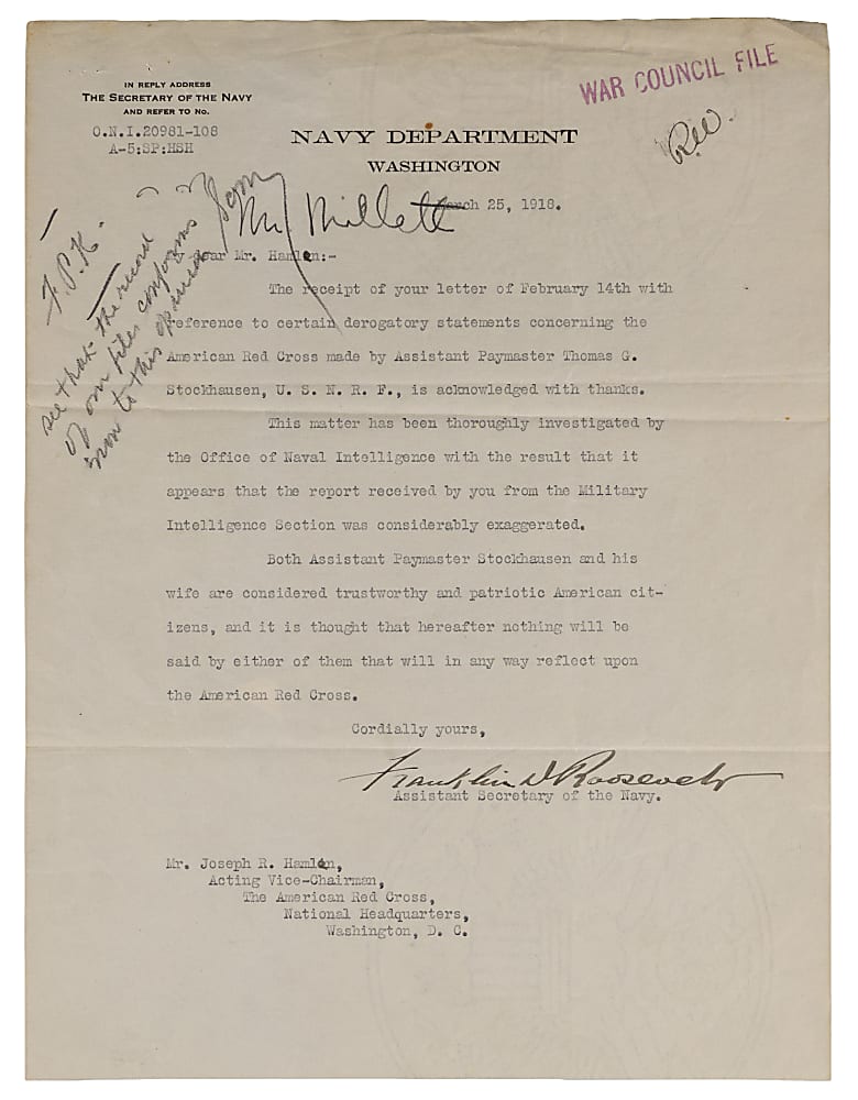 1919 Franklin D. Roosevelt Typed Letter Signed on Official Navy Department Letterhead