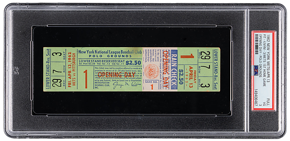 1962 New York Mets Opening Day 1st Home Game Full Ticket PSA VG 3