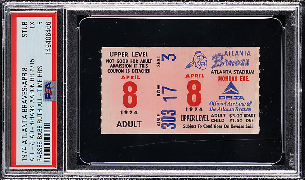 April 8, 1974 Atlanta Braves Versus Los Angeles Dodgers Ticket Stub - PSA EX 5 - Hank Aaron Home Run #715 Passes Babe Ruth!