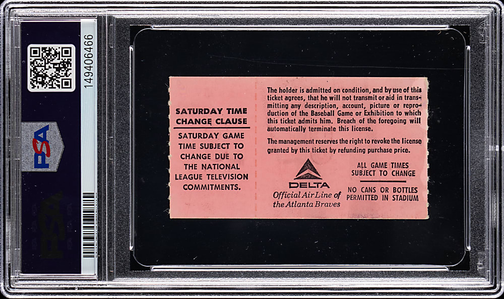 April 8, 1974 Atlanta Braves Versus Los Angeles Dodgers Ticket Stub - PSA EX 5 - Hank Aaron Home Run #715 Passes Babe Ruth!