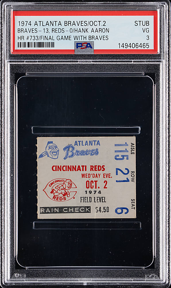 October 2, 1974 Atlanta Braves Versus Cincinnati Reds Ticket Stub - PSA VG 3 - Hank Aaron Final Game with Braves!