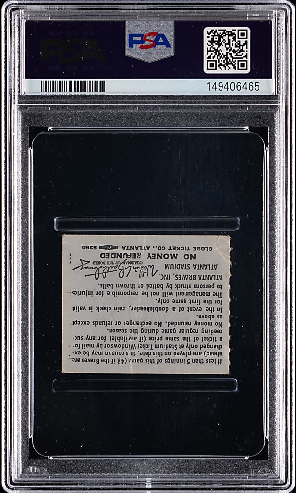 October 2, 1974 Atlanta Braves Versus Cincinnati Reds Ticket Stub - PSA VG 3 - Hank Aaron Final Game with Braves!