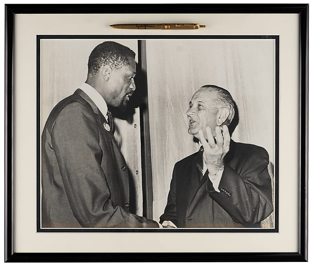 1960s Bill Russell & President Lyndon Johnson Photograph & White House Pen with Bill Russell Estate Certificate of Provenance