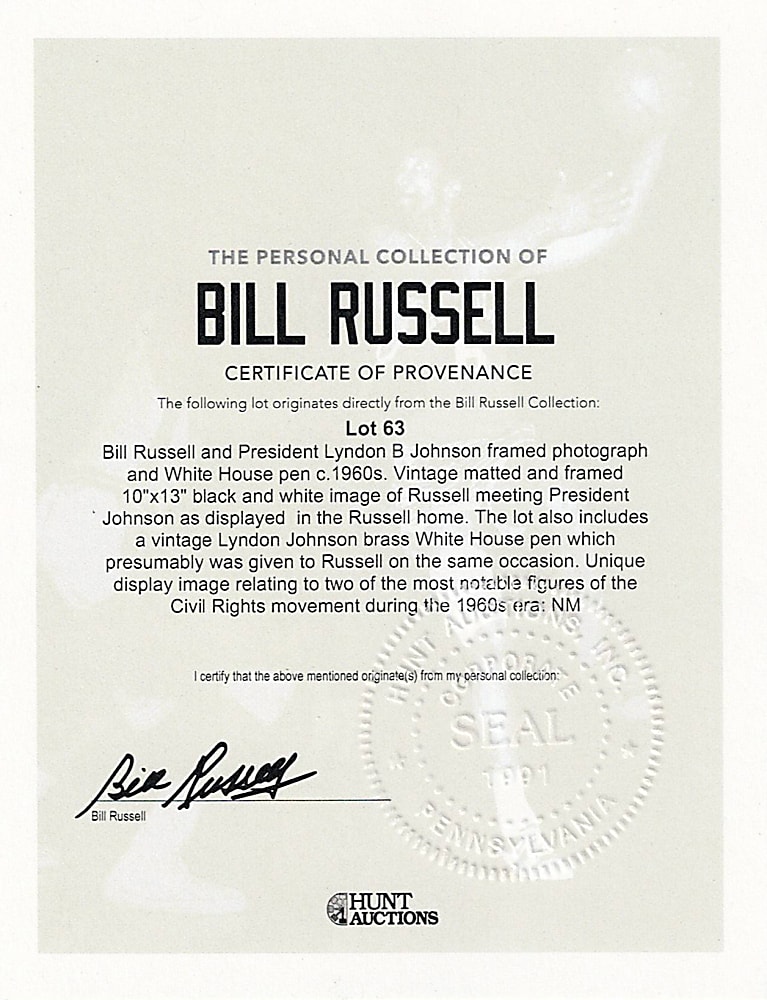 1960s Bill Russell & President Lyndon Johnson Photograph & White House Pen with Bill Russell Estate Certificate of Provenance