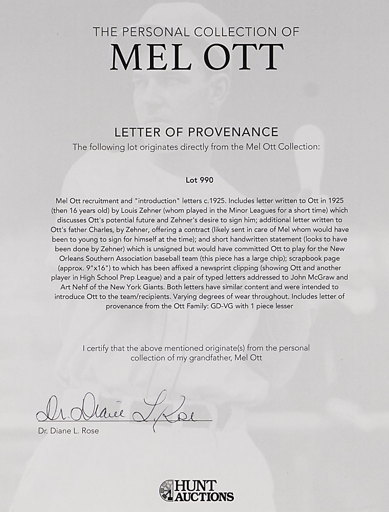 1925 Mel Ott Recruitment/Introduction Letters (4) - Ott Family LOP