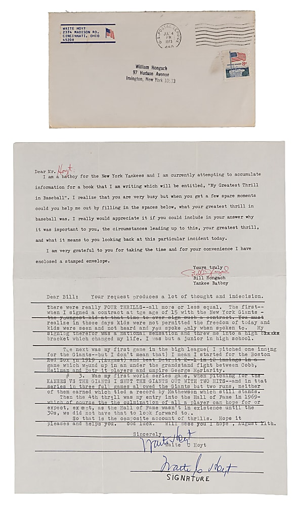1970s Greatest Baseball Thrill Signed Sheets Compiled by Yankees Batboy Bill Hongach (3) with Tremendous Baseball Content from Hoyt, Dickey & Ruffing