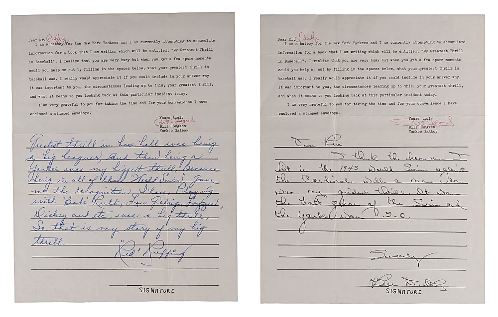 1970s Greatest Baseball Thrill Signed Sheets Compiled by Yankees Batboy Bill Hongach (3) with Tremendous Baseball Content from Hoyt, Dickey & Ruffing