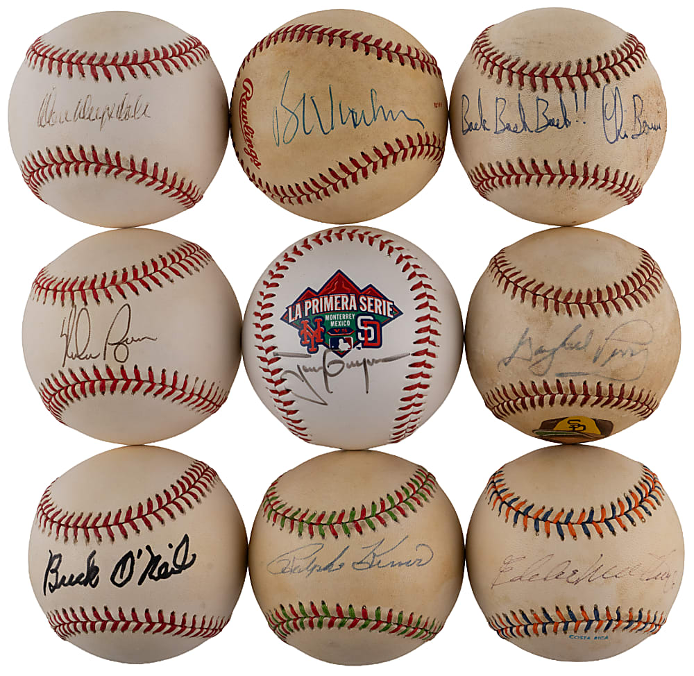 Single-Signed Baseballs (20) with Specialties and (17) Hall of Famers Including Drysdale, Gwynn & Ryan
