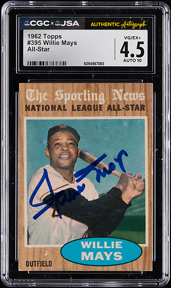 1962 Topps #395 Willie Mays All-Star Signed CGC VG/EX+ 4.5 with JSA Auto 10