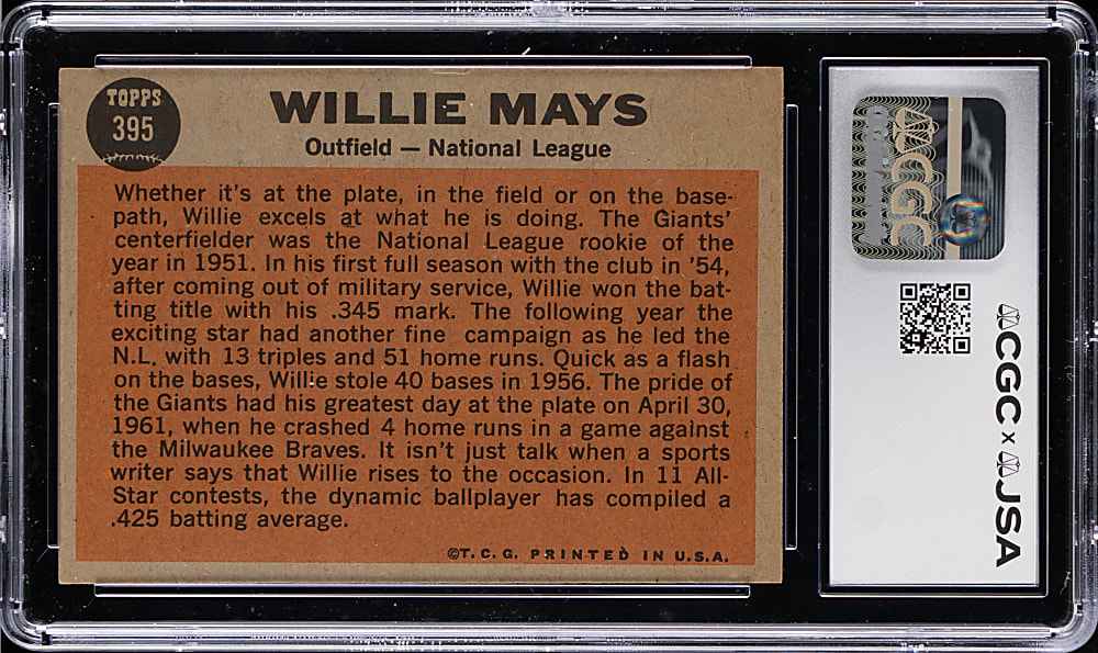 1962 Topps #395 Willie Mays All-Star Signed CGC VG/EX+ 4.5 with JSA Auto 10