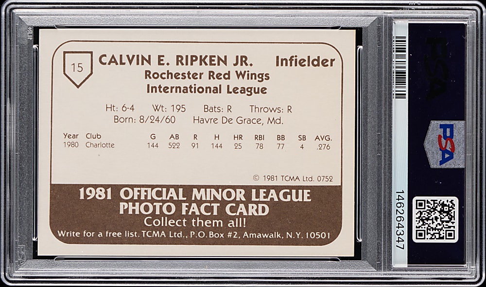 1981 TCMA Rochester Red Wings #15 Cal Ripken Jr. PSA MINT 9