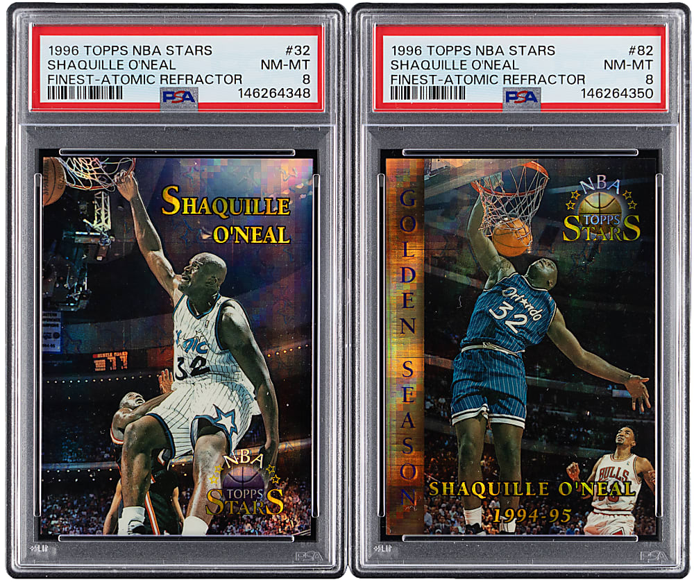 1996 Topps NBA Stars Shaquille O'Neal Finest Atomic Refractor Pair - Both PSA NM-MT 8